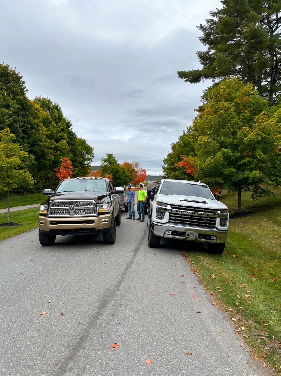 Hauling trucks parked on a residential street in New England